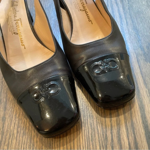 FERRAGAMO Gancini square-toe slingback black Leather pumps 7.5 C - Picture 8 of 14